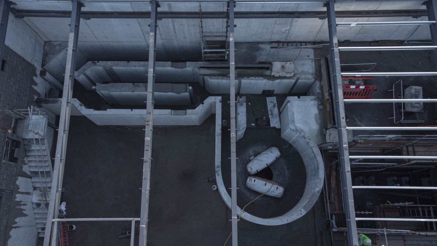 drone shot of concrete structure in water treatment plant