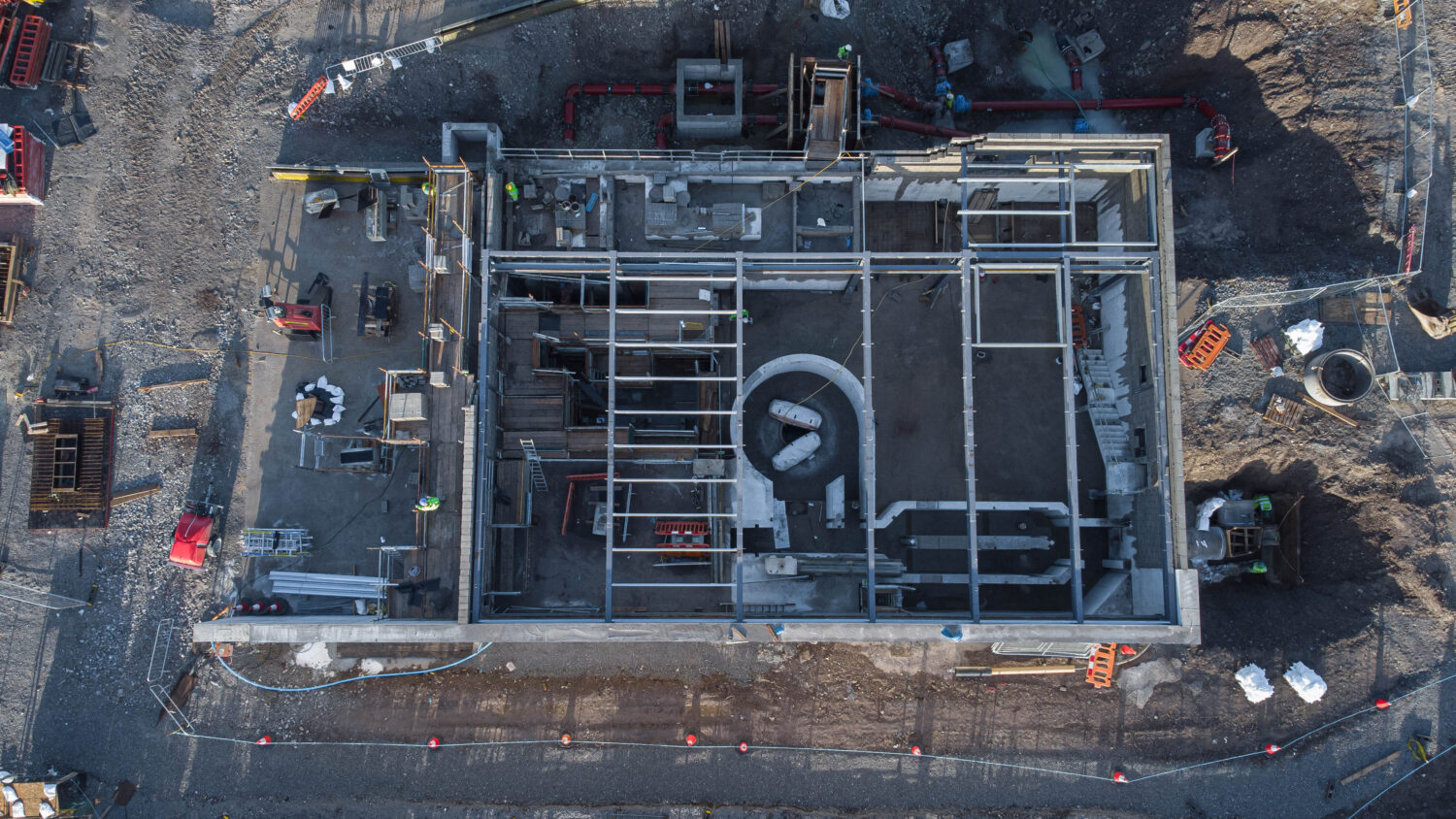 drone shot of concrete structure in water treatment plant